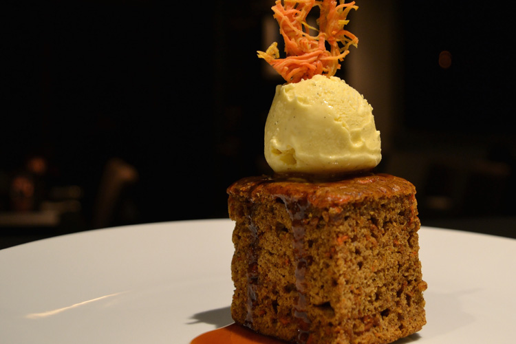 Carrot Cake with Cream Cheese Ice Cream and Grand Marnier Caramel Sauce